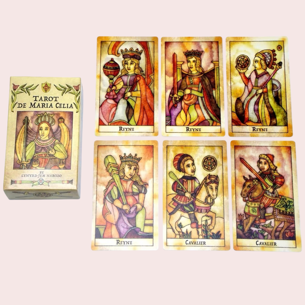 Caja y seis cartas del Tarot de María Celia con figuras de corte