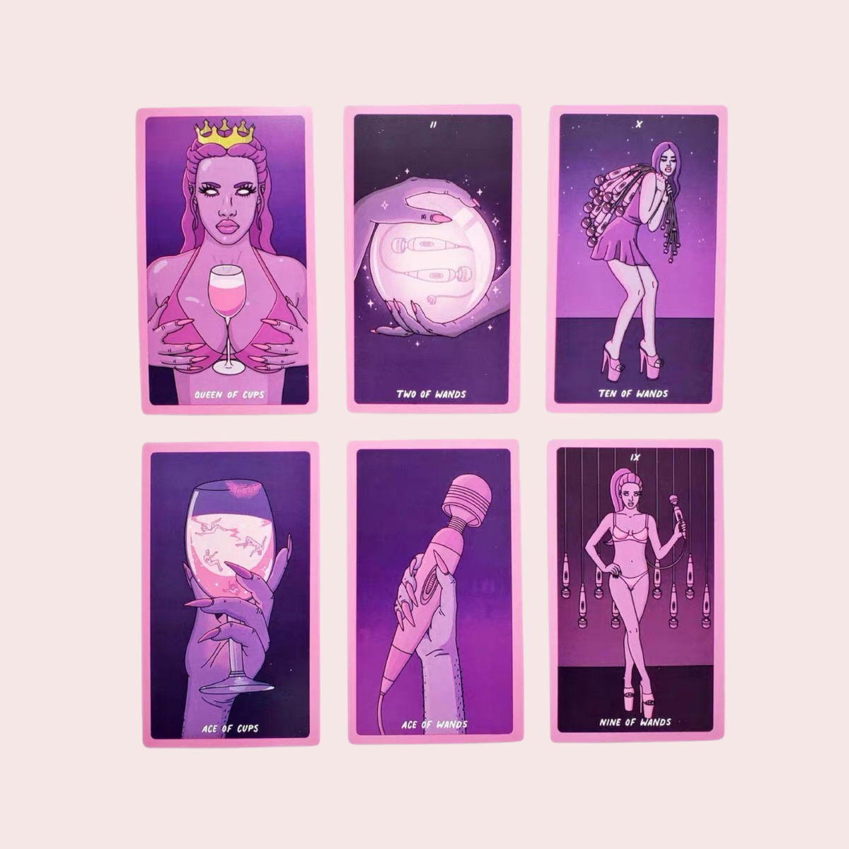 Seis cartas del Tarot Exotic Cancer en tonos rosa y morado