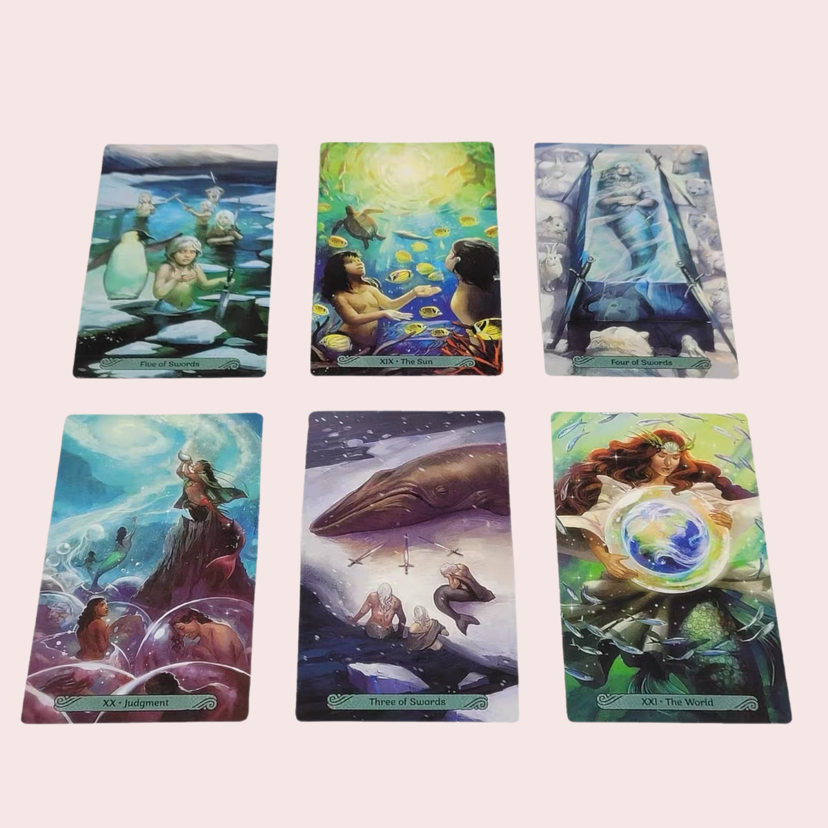 Seis cartas del Tarot Mermaid con escenas del fondo del mar
