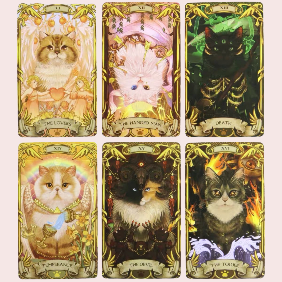 Seis cartas del Tarot Nine Lives Cat con gatos en marcos dorados