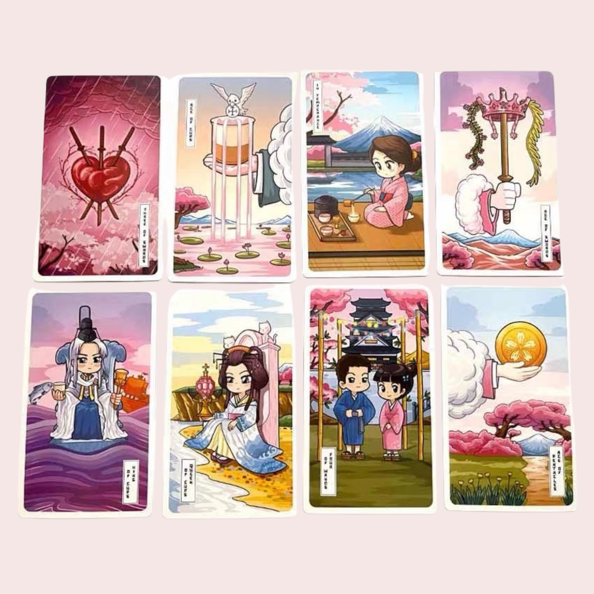 Ocho cartas del Tarot Sakura Spring con ilustraciones kawaii en tonos pastel