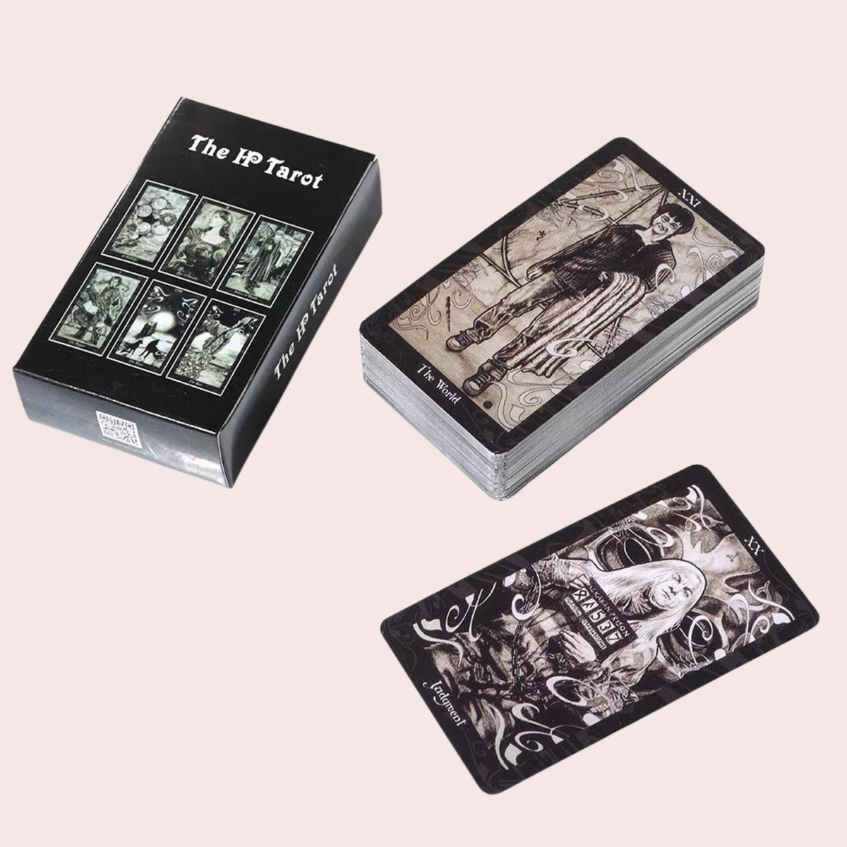 Caja y cartas del Tarot The HP en blanco y negro