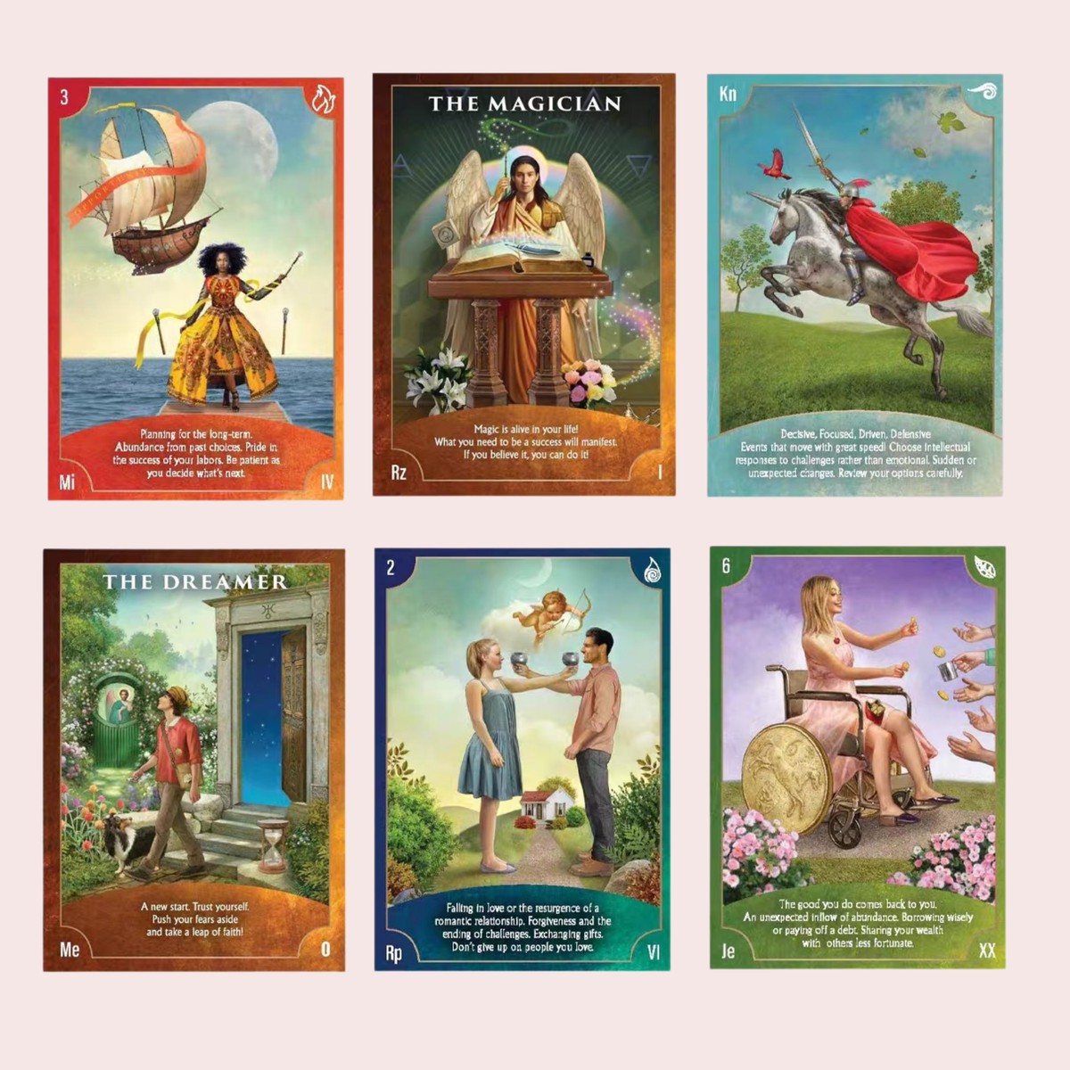 Seis cartas del Tarot Angel Wisdom con texto de interpretación impreso