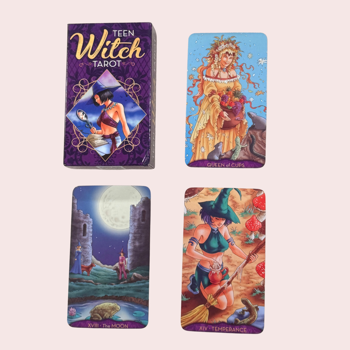 Teen Witch Tarot: caja y tres cartas — Queen of Cups, The Moon y Temperance