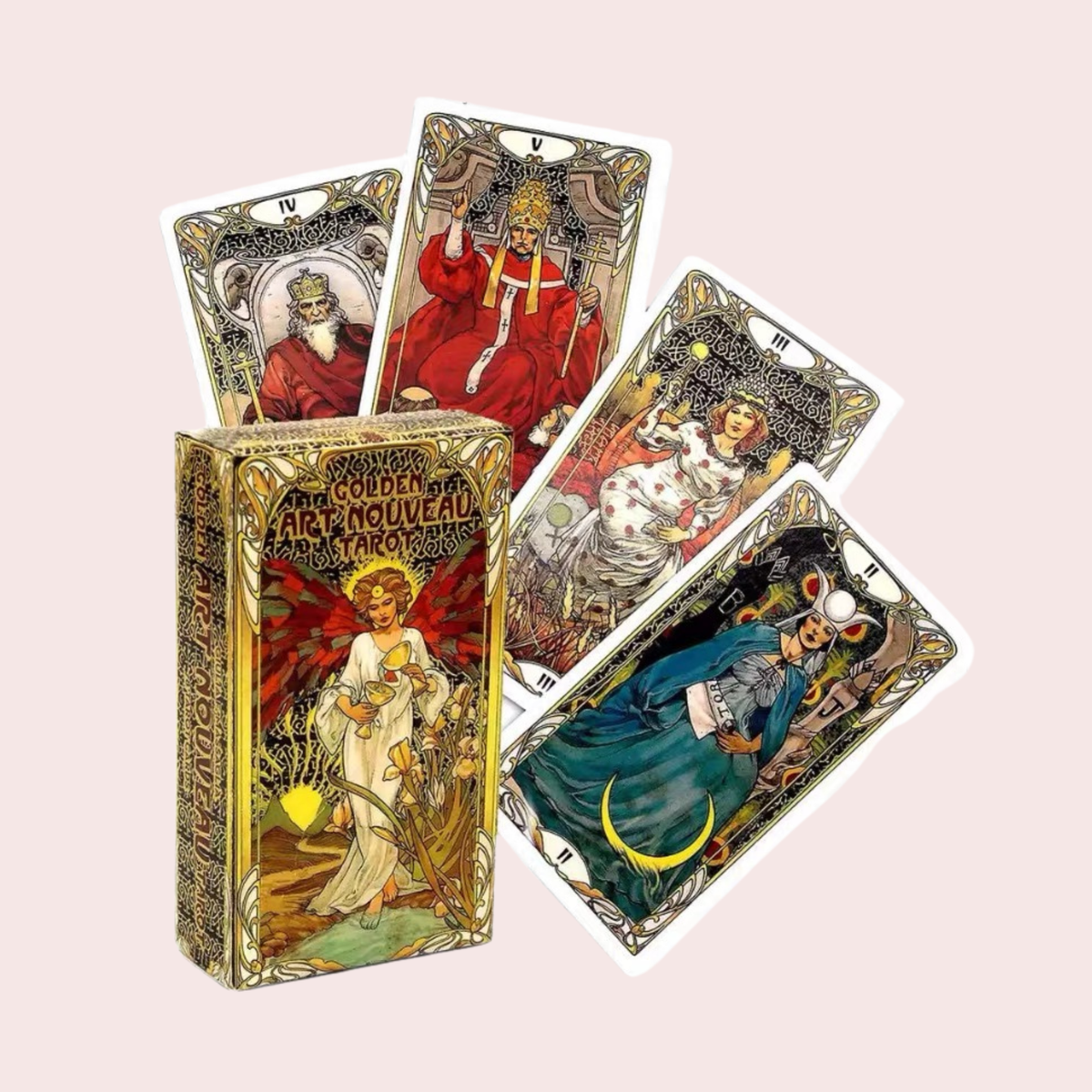 Caja y cartas del Tarot Golden Art Nouveau desplegadas en abanico