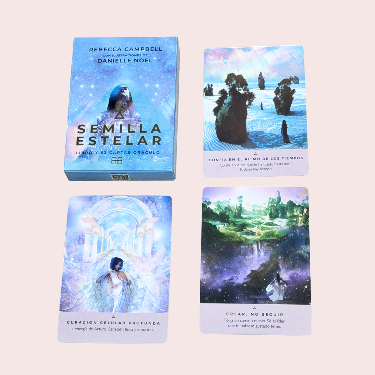 Oráculo Semilla Estelar: caja y cuatro cartas en español con su frase impresa
