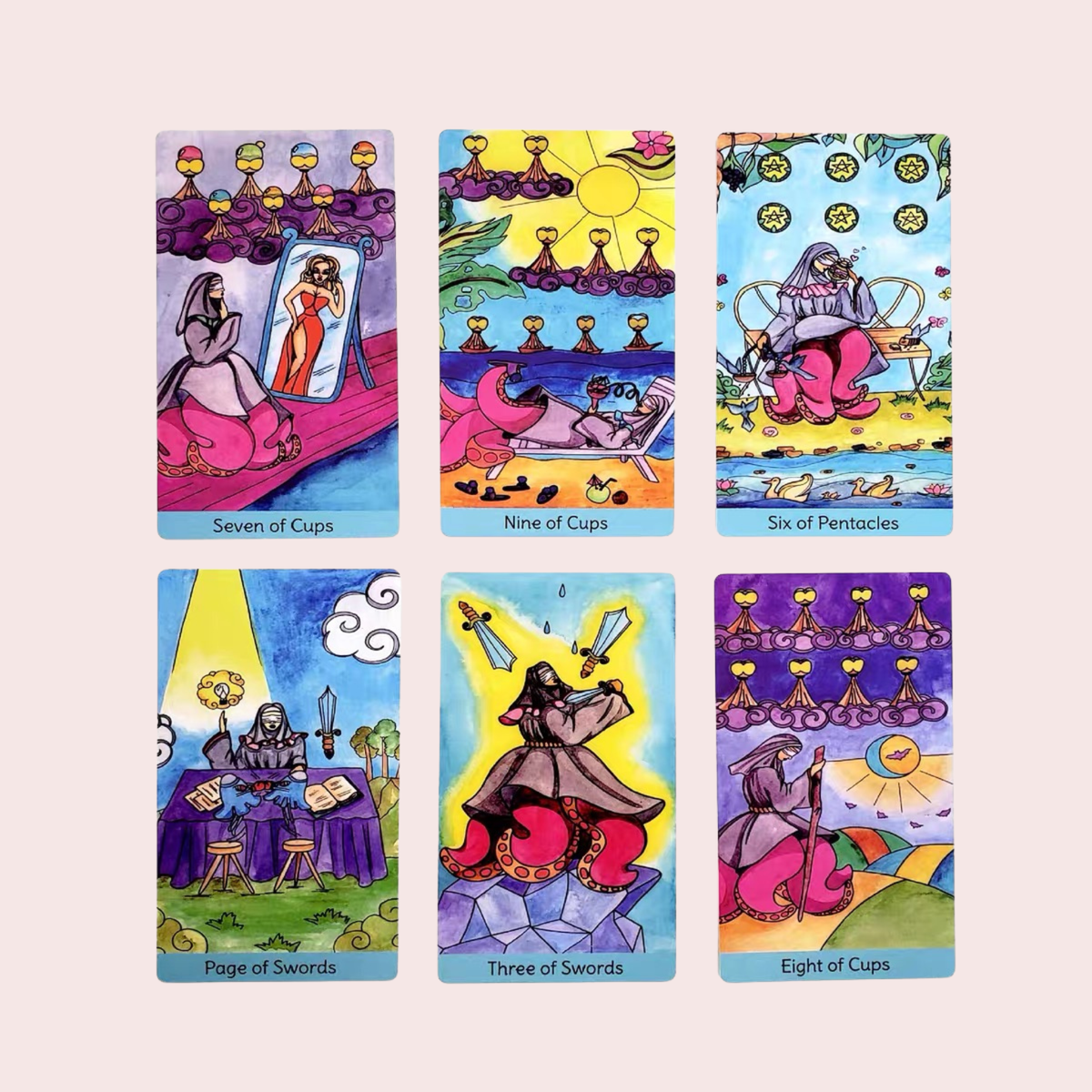 Seis cartas del Tarot Sea Witch con ilustraciones marinas en acuarela