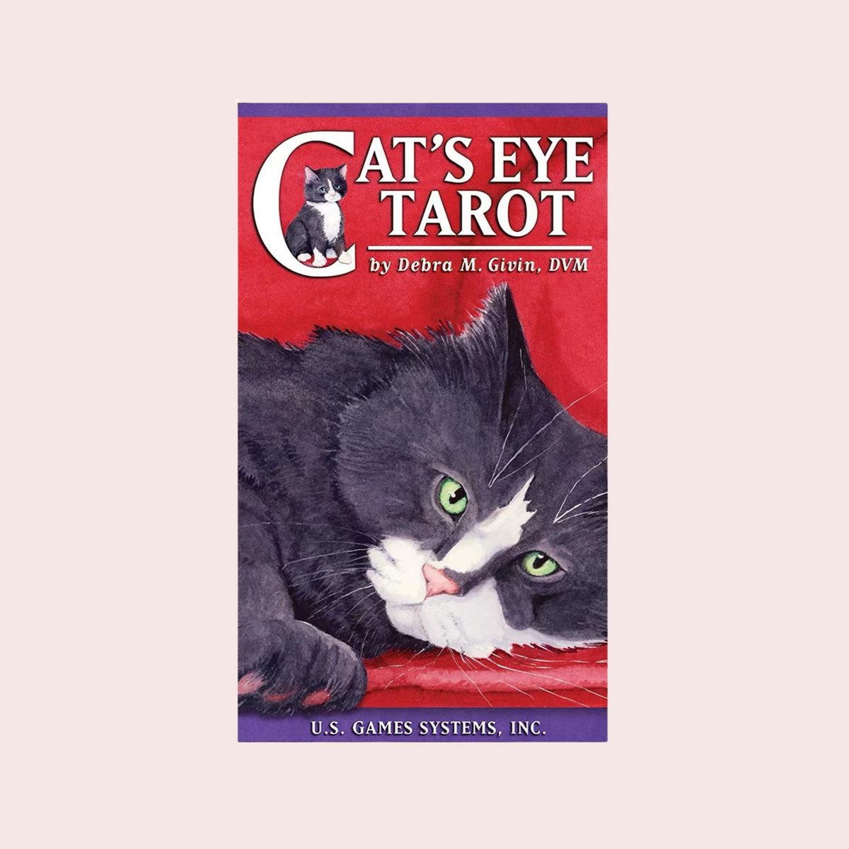 Caja del Mazo de Tarot Cat's Eye con un gato blanco y negro sobre fondo rojo