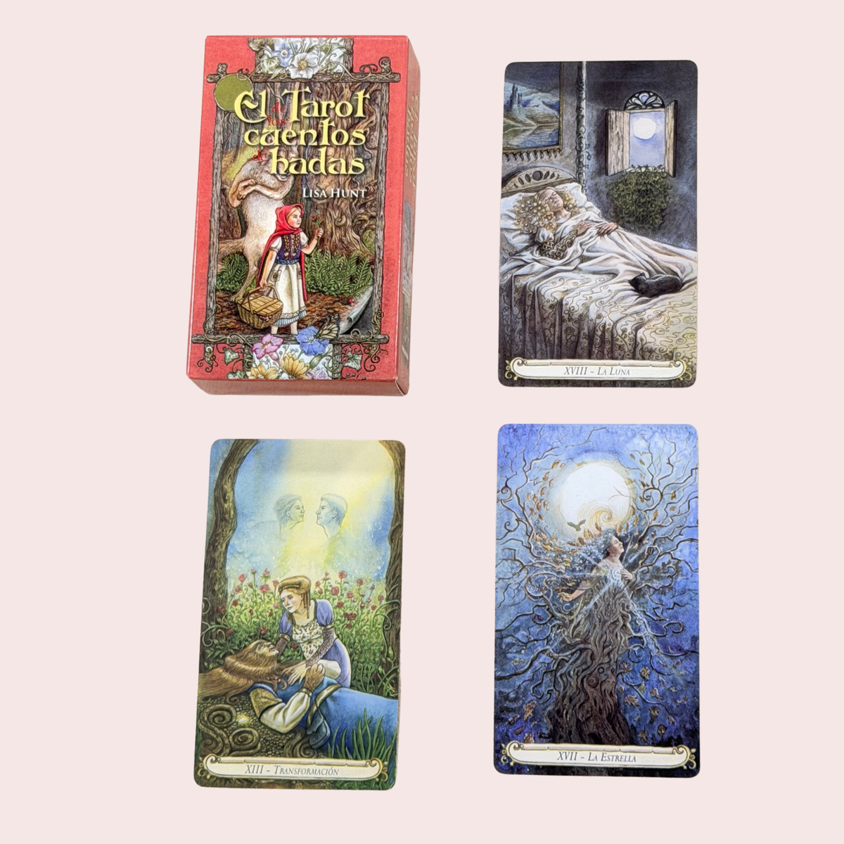 Tarot de los Cuentos de Hadas: caja y tres cartas en español — La Luna, Transformación y La Estrella
