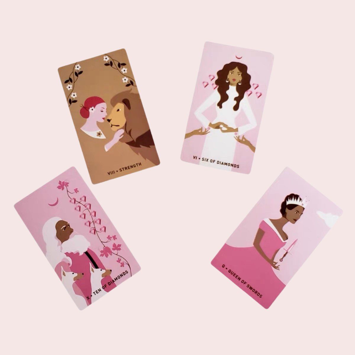 Cuatro cartas del Mazo Gentle Heart: Strength, Six of Diamonds, Ten of Diamonds y Queen of Swords