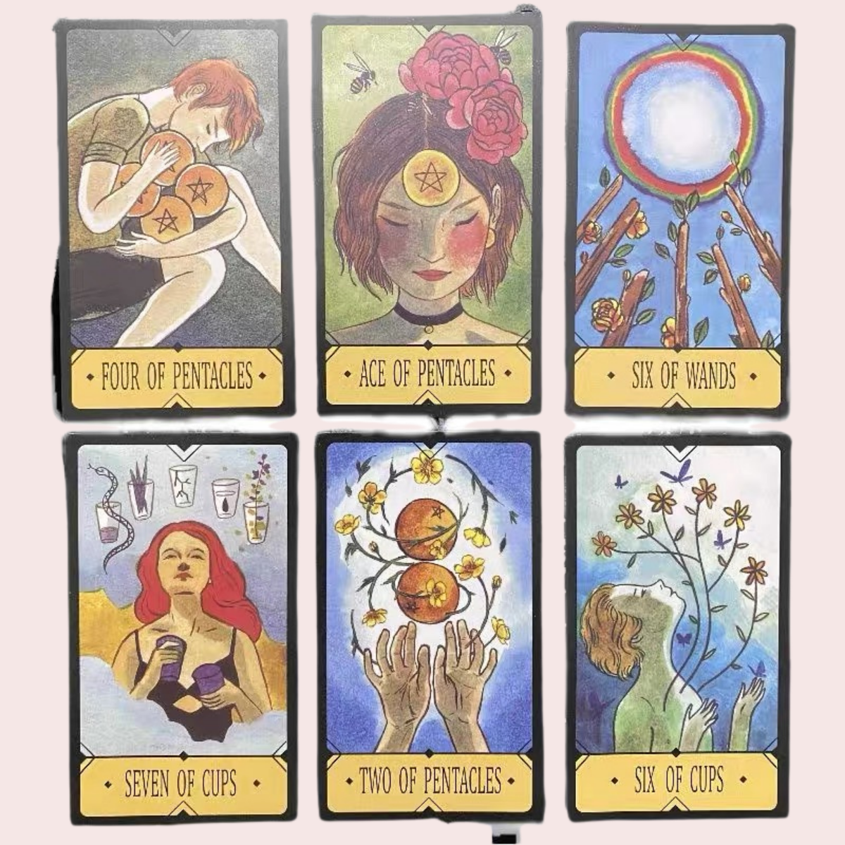 Seis cartas del Mazo de Tarot de Oros con ilustraciones vintage