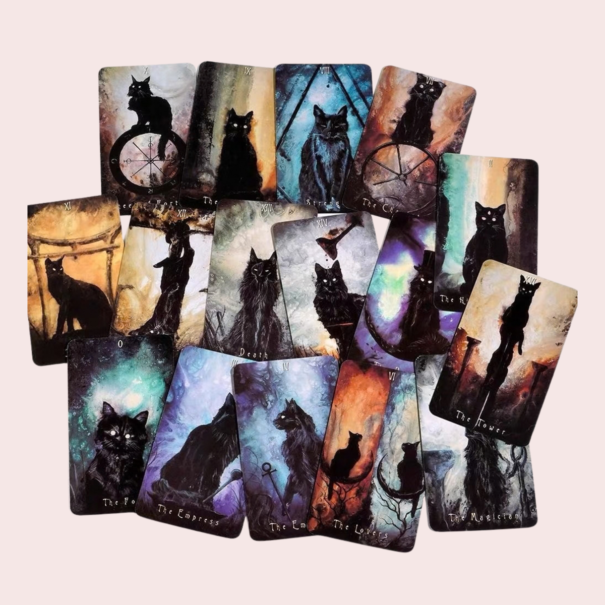 Cartas del Tarot Haunted Cat con gatos negros sobre fondos nocturnos