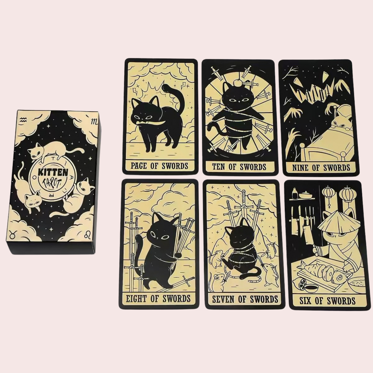 Caja y seis cartas de espadas del Tarot Kitten en negro y dorado