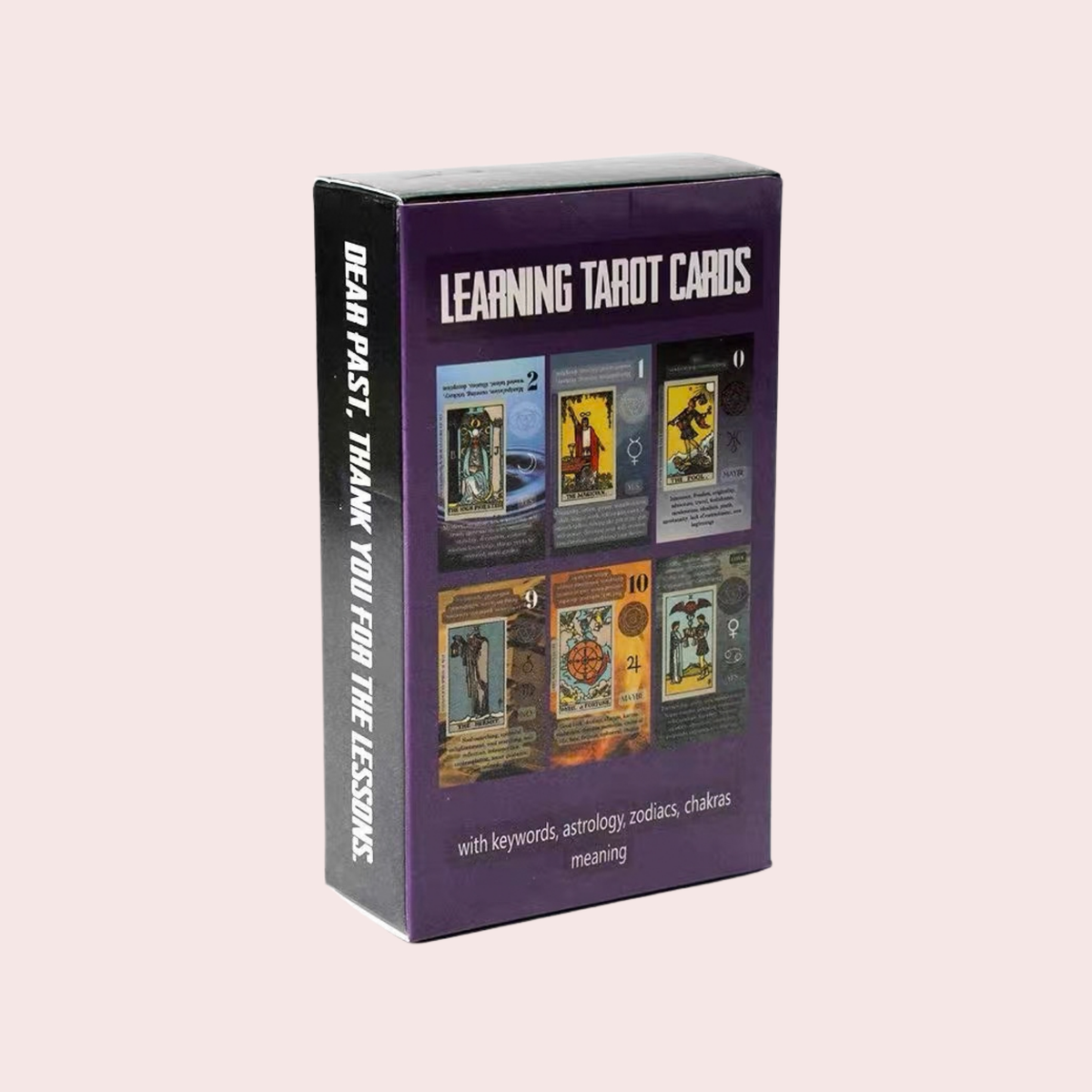 Caja de cartón morada del mazo Learning Tarot Cards
