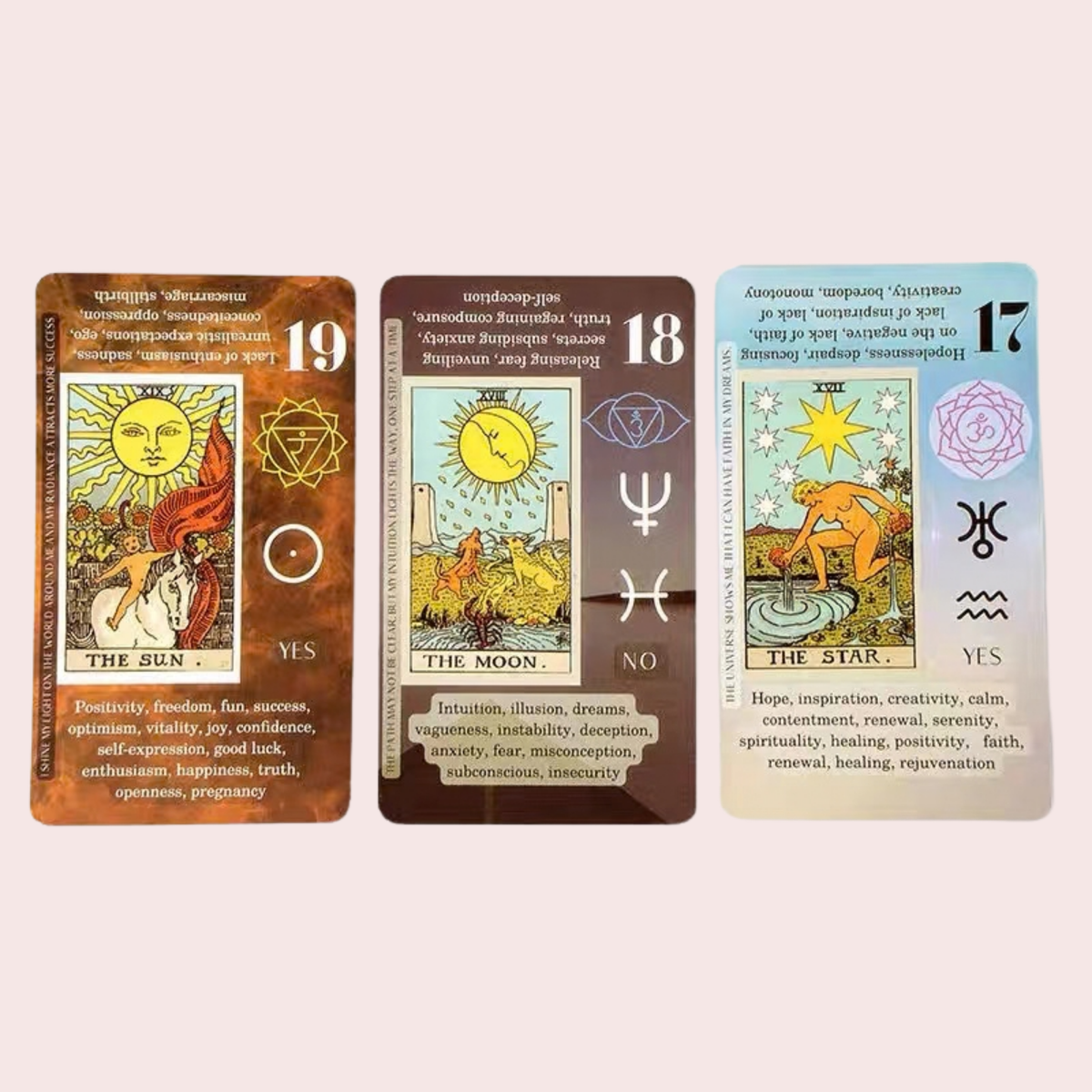 Cartas de Learning Tarot Cards con palabras clave y astrología impresas