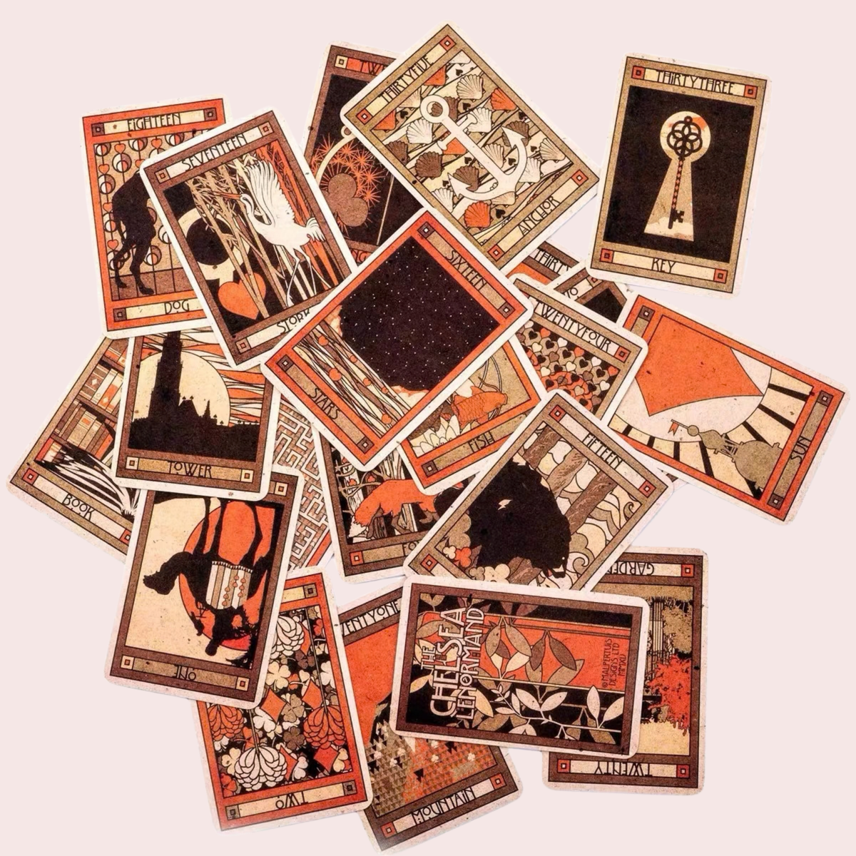 Seis cartas del Lenormand Chelsea con diseño vintage
