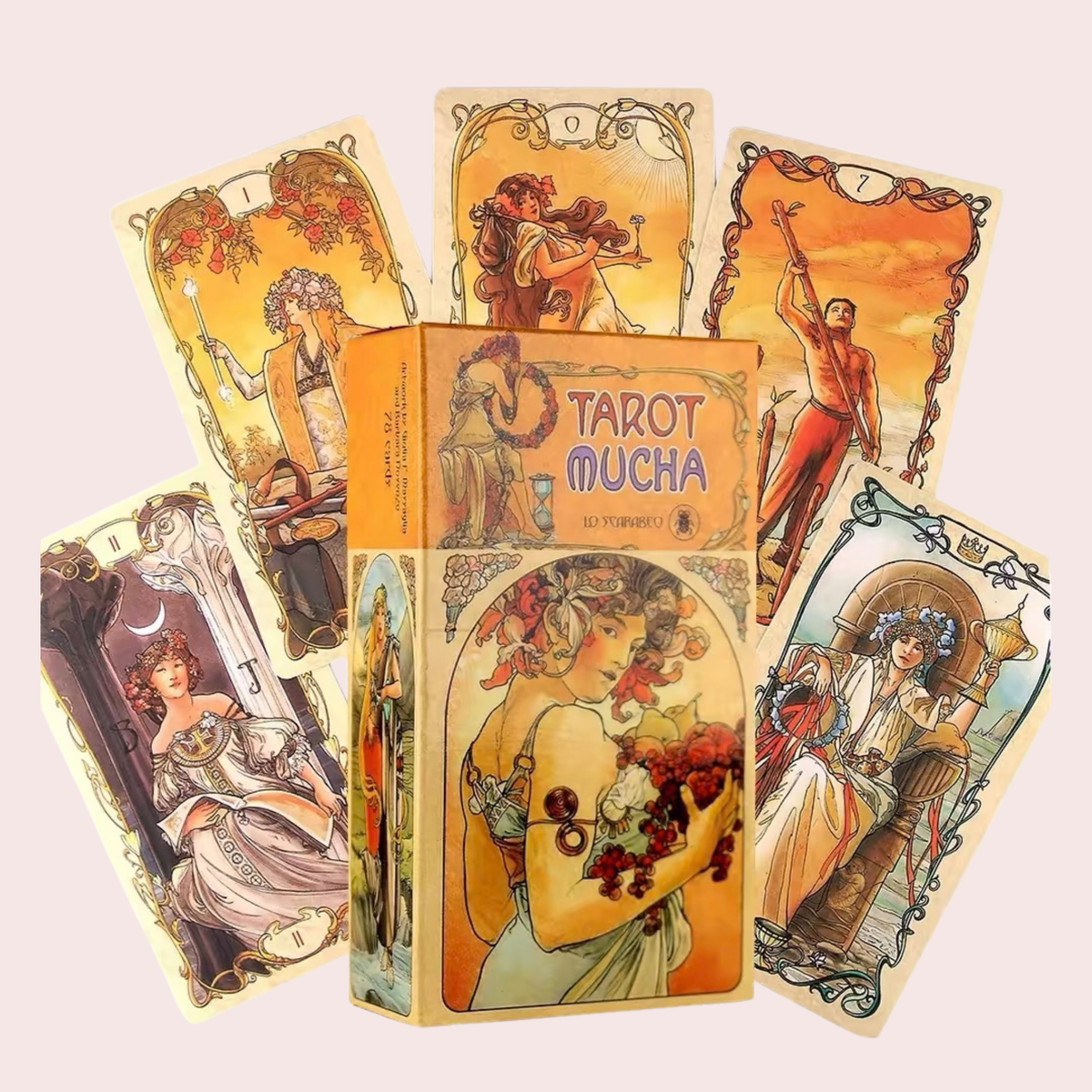 Caja y cartas del Tarot Mucha en tonos dorados y terracota