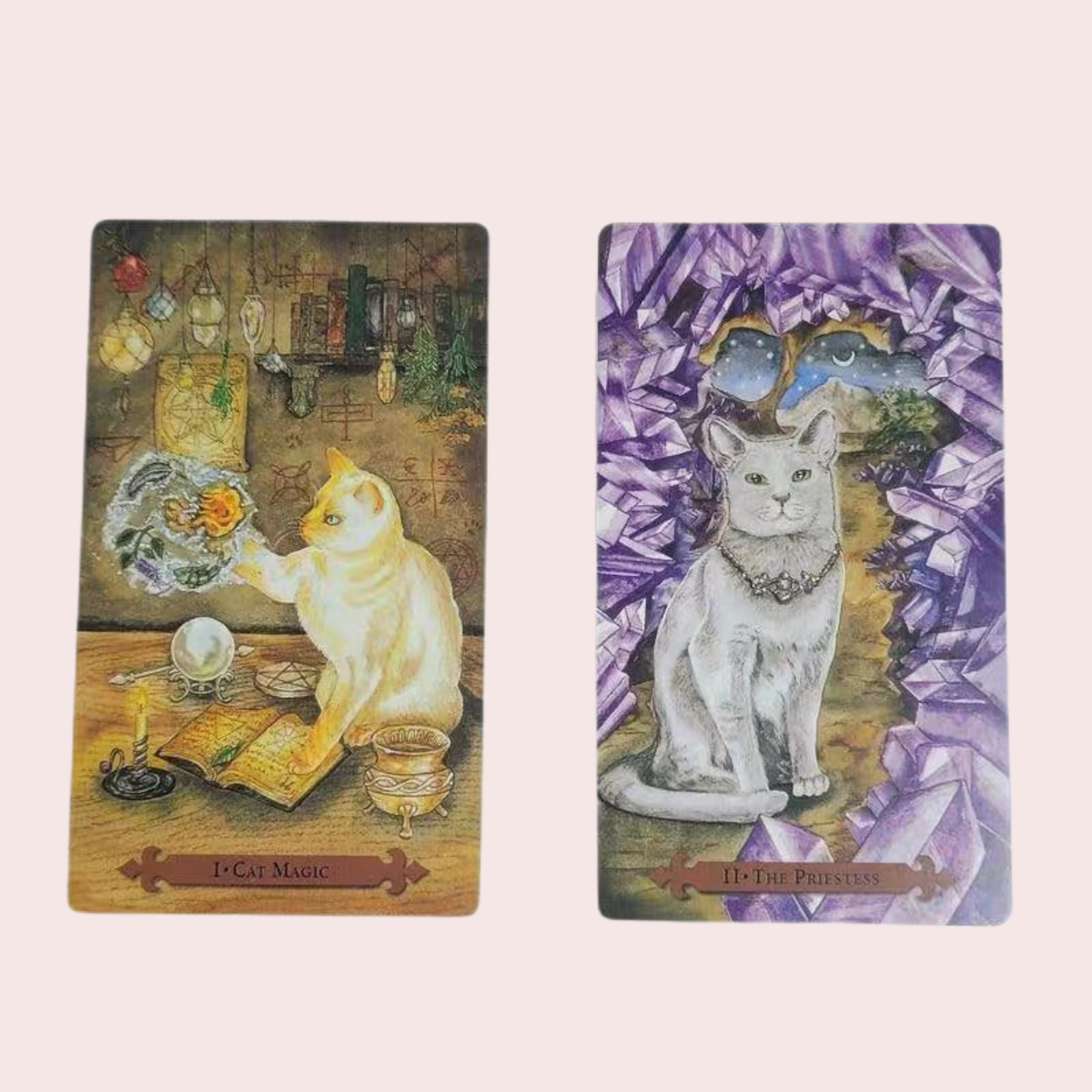 Dos cartas del Tarot Mystical Cats con gatos ilustrados