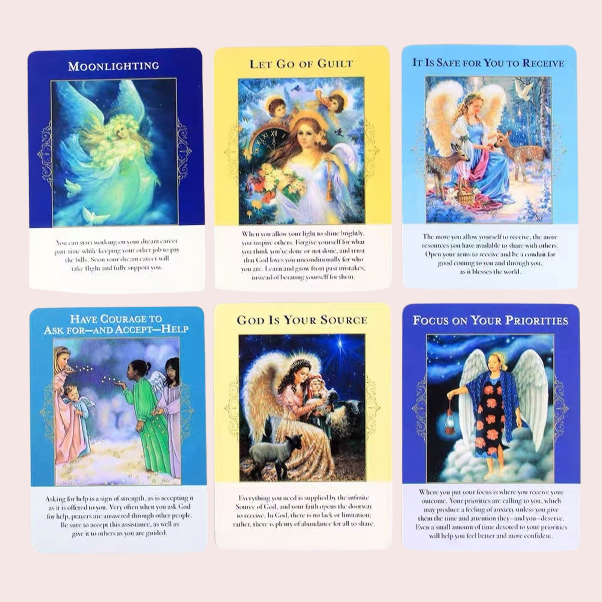 Seis cartas del Oráculo Angels of Abundance con ángeles ilustrados
