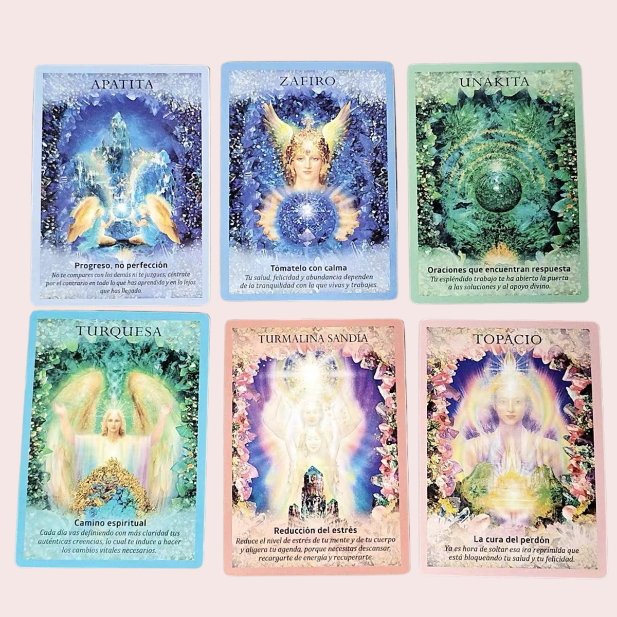 Seis cartas del Oráculo Cristales y Ángeles con nombres en español