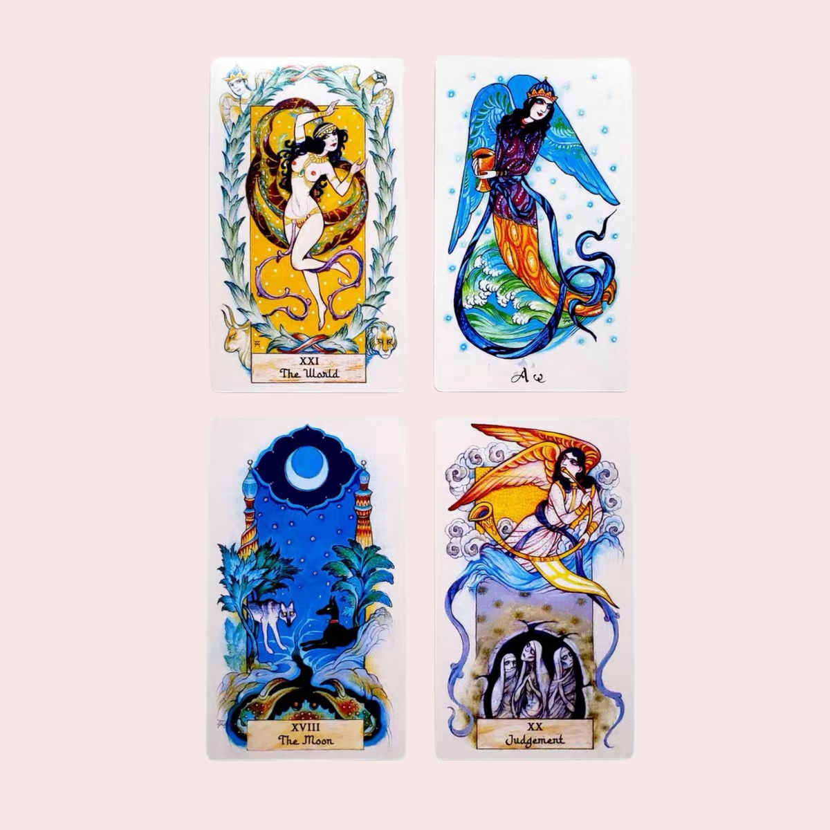 Cuatro cartas del Tarot Orient con sirenas y hadas ilustradas