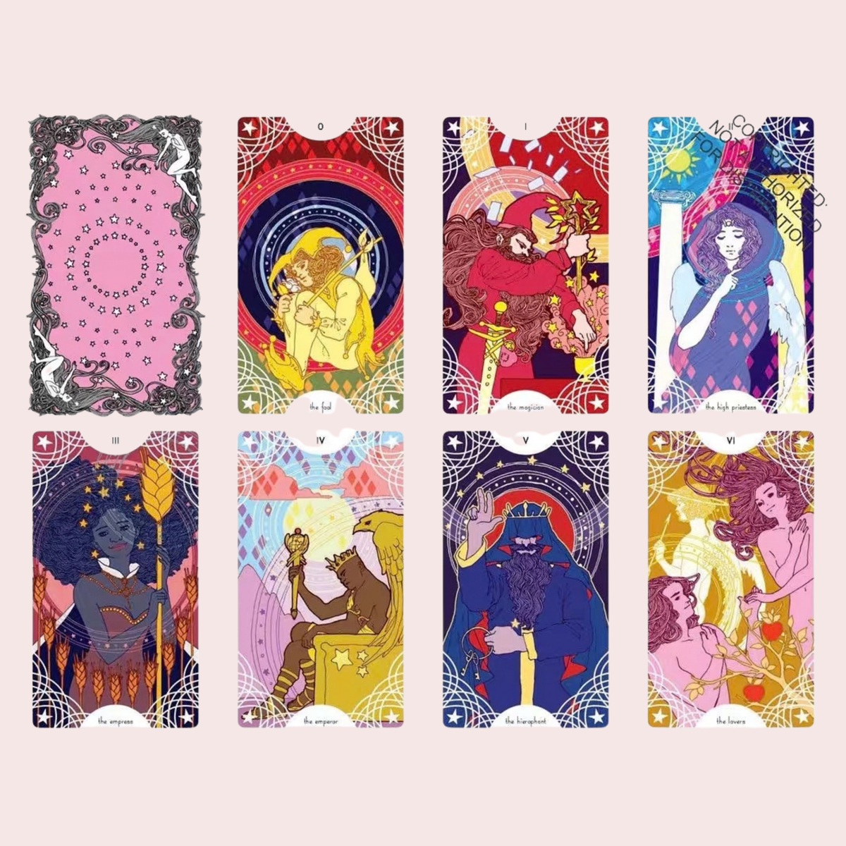 Ocho cartas del Tarot Star Spinner con ilustración plana a color