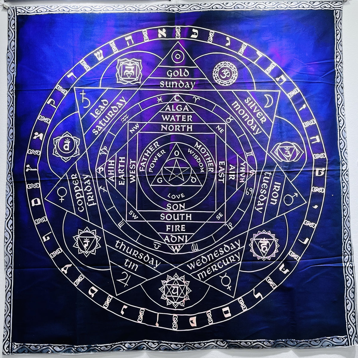 Paño de tarot Tabla Alquímica de Planetas, fondo azul con correspondencias de planetas y días