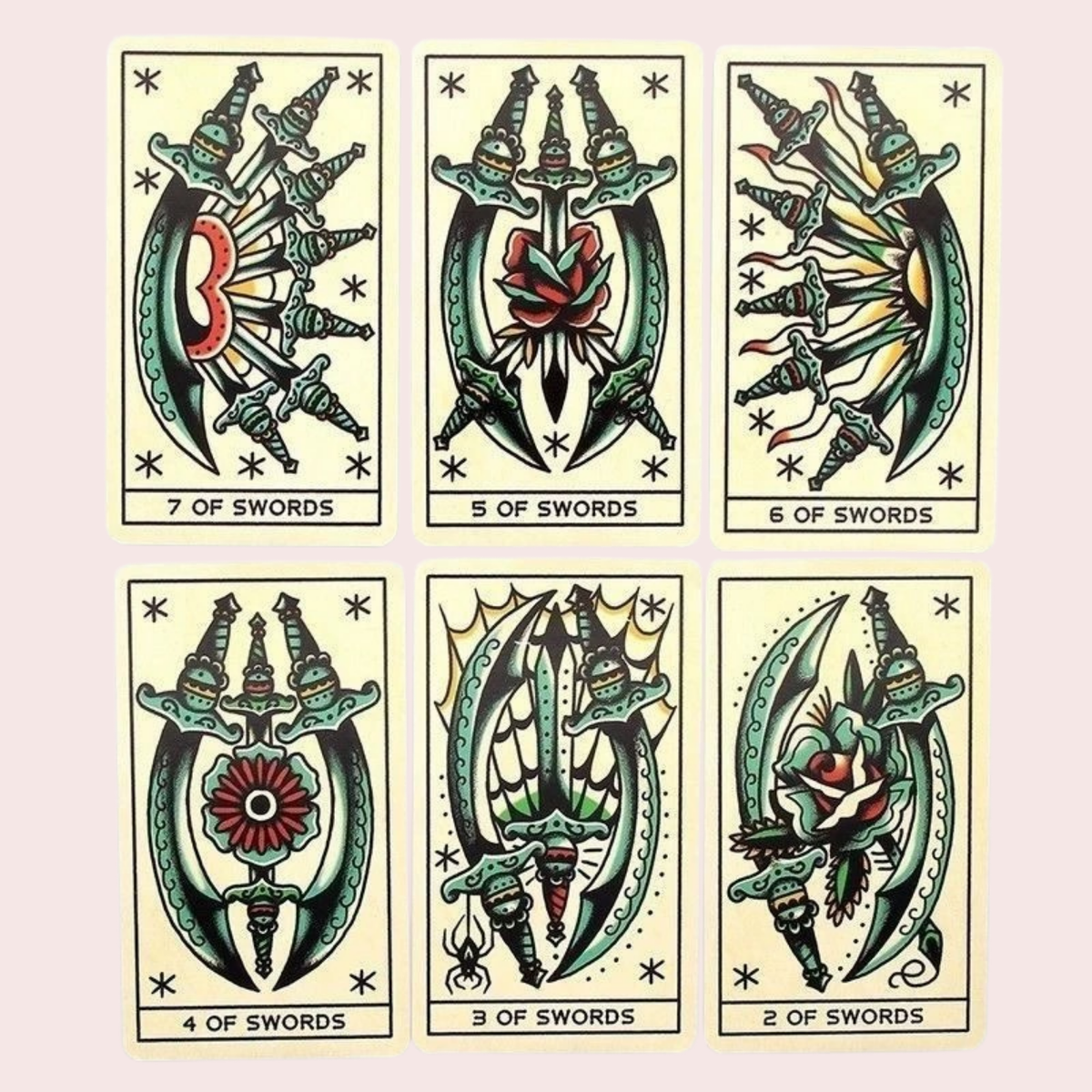 Seis cartas de espadas del Tattoo Tarot con arte de tatuaje tradicional