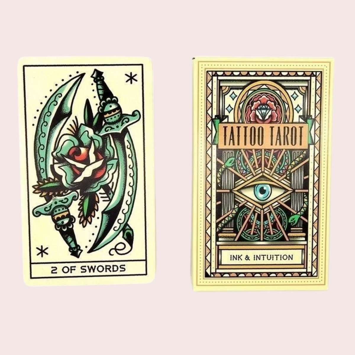 Carta Dos de Espadas y caja del Tattoo Tarot Ink & Intuition
