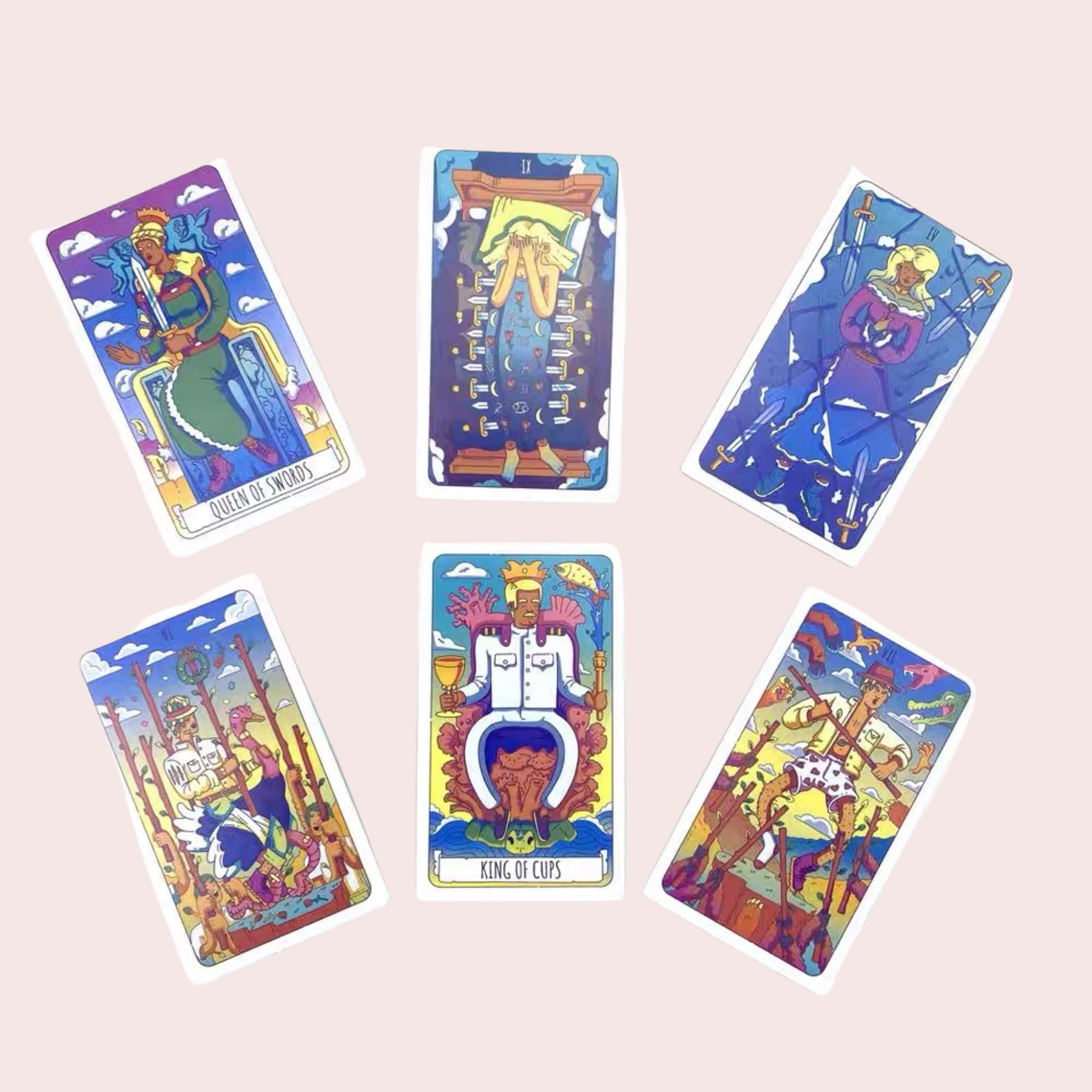 Seis cartas del Tarot The Art of Adventure en colores saturados