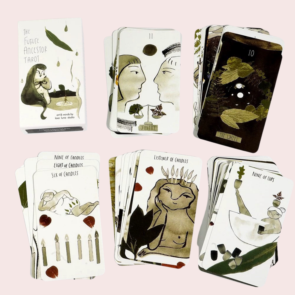 Caja y cartas del Tarot The Future Ancestor en blanco y verde oliva