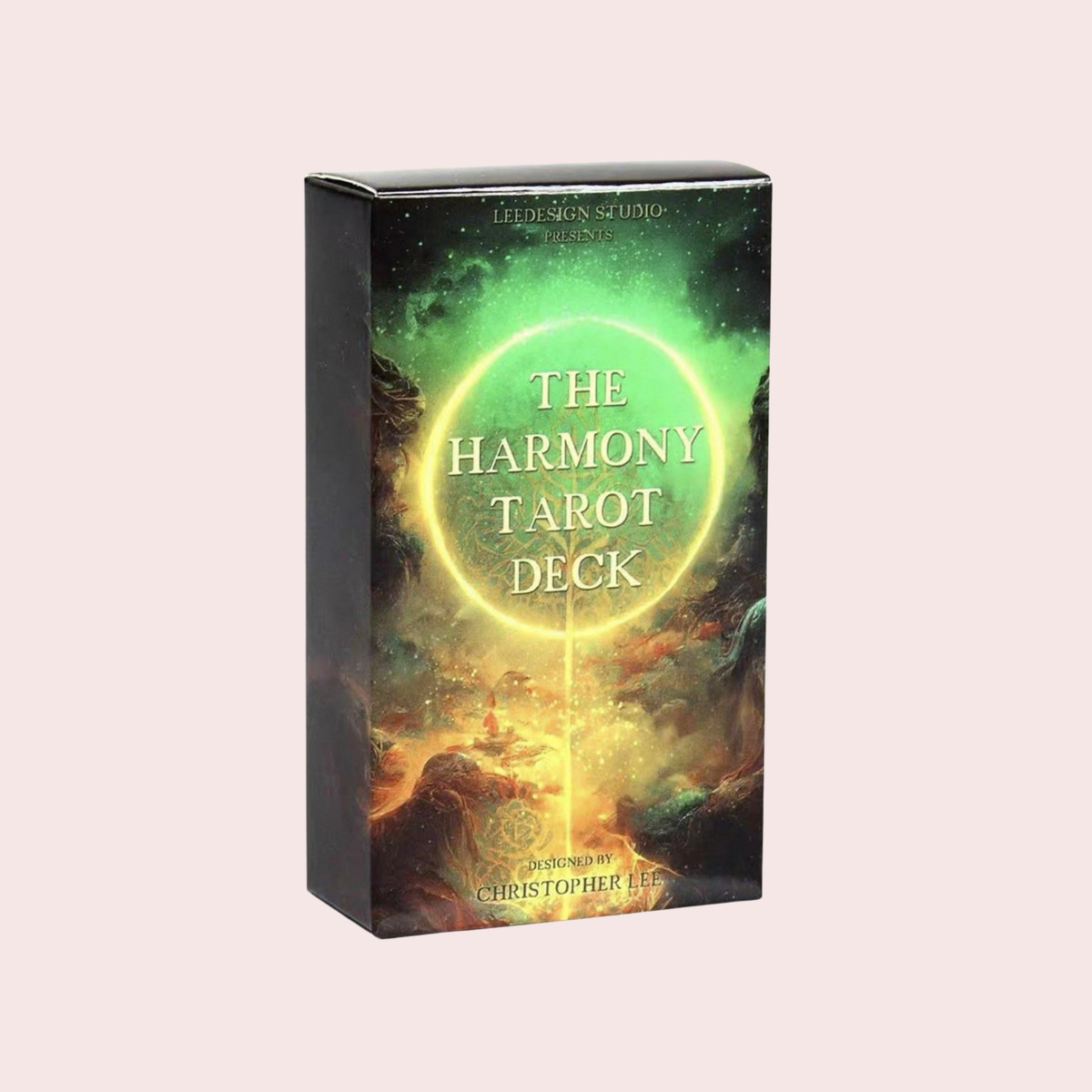 Caja negra del Mazo The Harmony Tarot Deck con círculo de luz verde