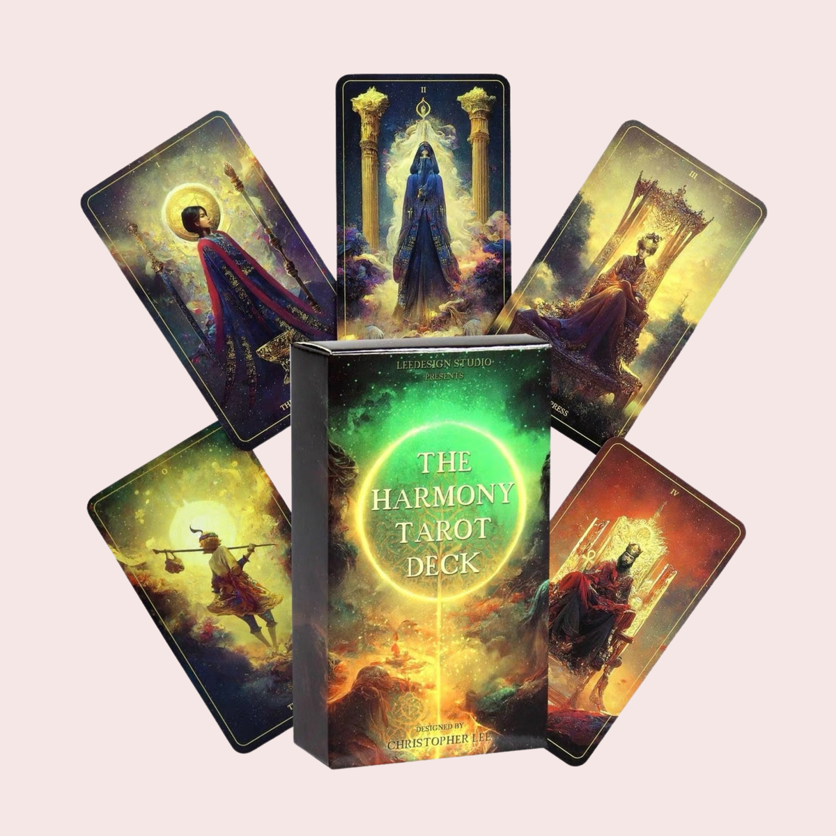 Caja y cartas del Tarot The Harmony Deck con paisajes digitales