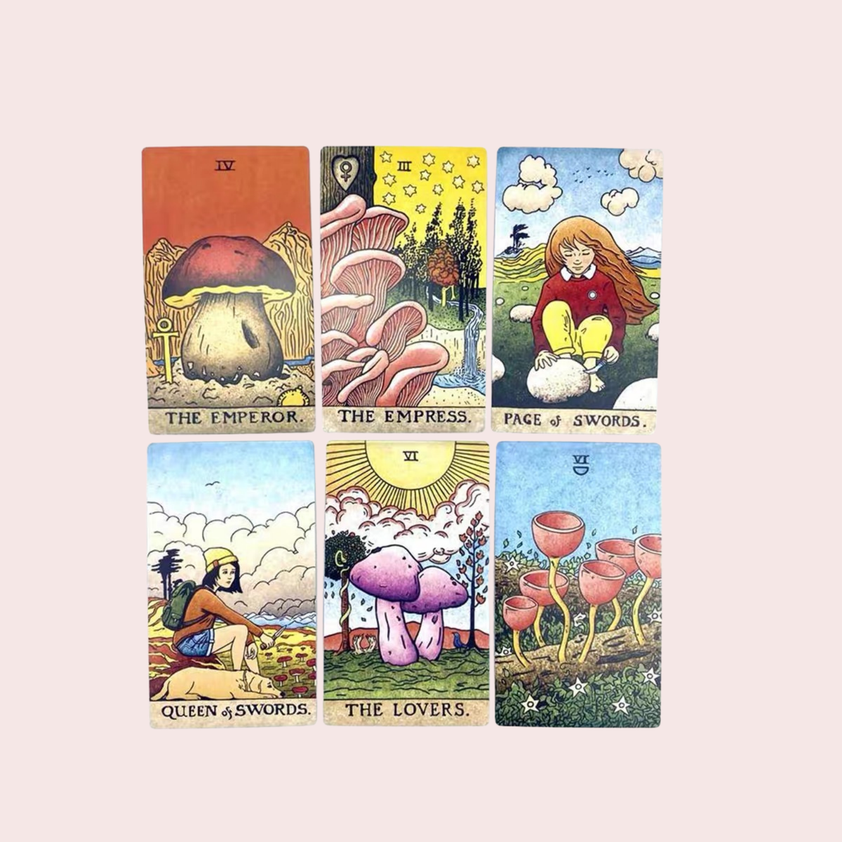 Seis cartas del Tarot The Mushroom Hunter's con setas ilustradas