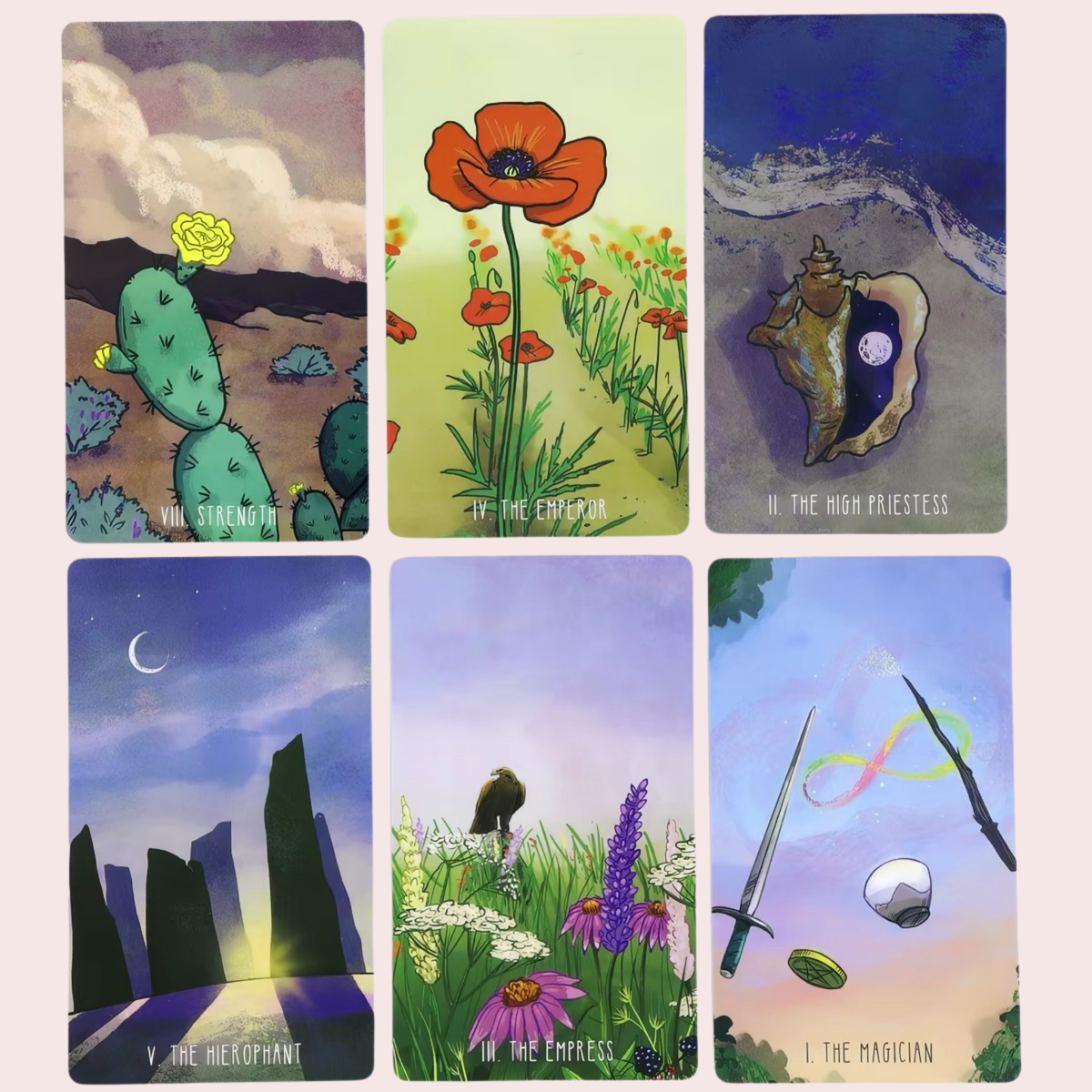 Seis cartas de The Spacious Tarot con cactus, amapolas y paisajes