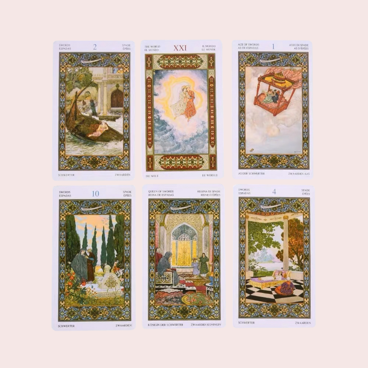 Seis cartas del Tarot Mil y Una Noches con escenas orientales