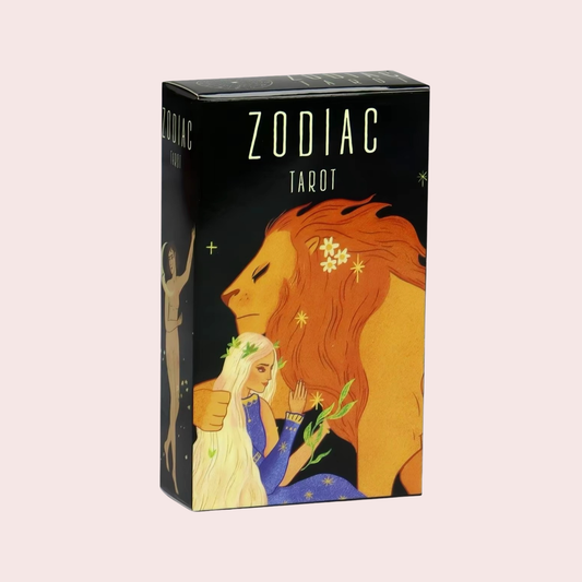 Caja del Mazo de Tarot Zodiac con un león dorado ilustrado