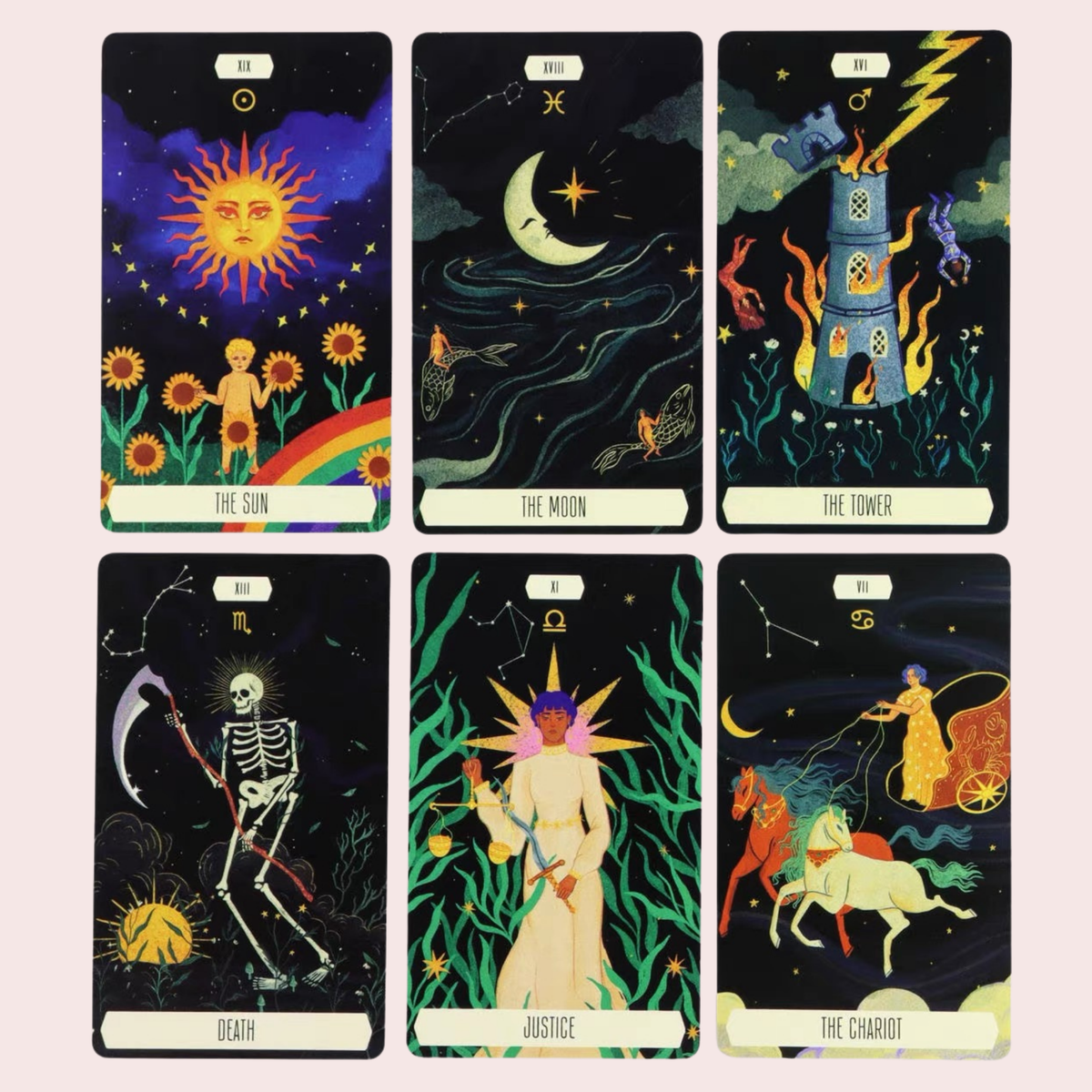Seis cartas del Tarot Zodiac con símbolos astrológicos a color